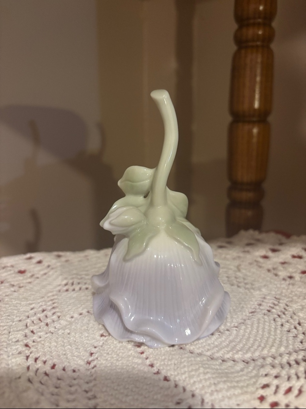 Handblown White Porcelain Floral Bell with Pale Green Stem